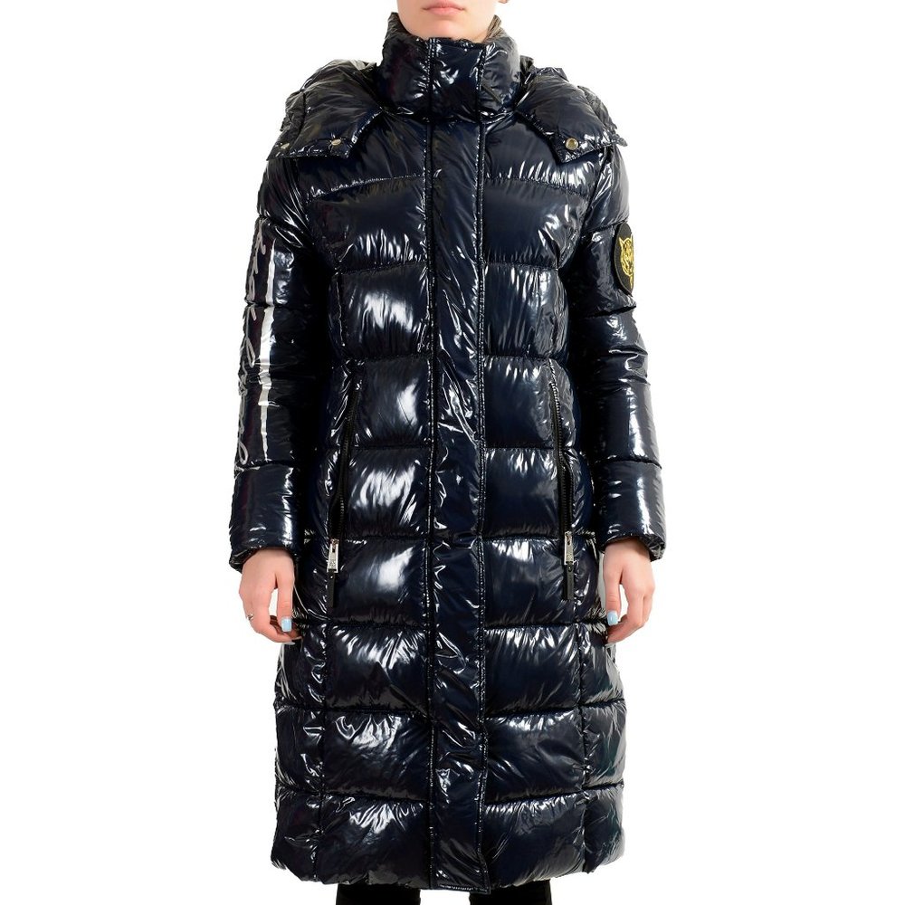 Plein Sport Women's Navy Blue Hooded Logo Print Zip Up Long Parka Jacket